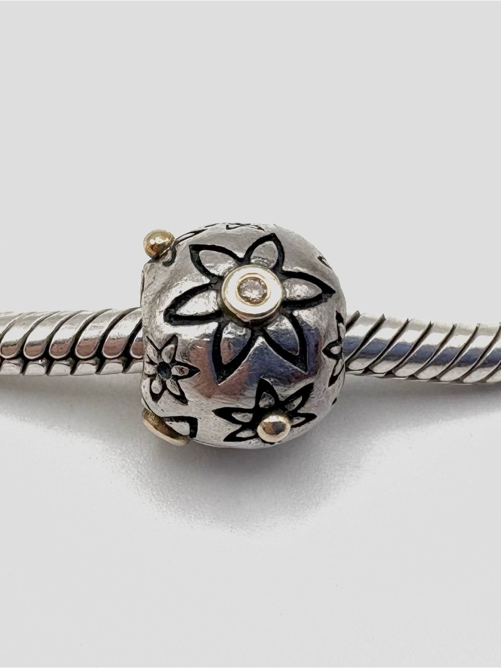 Pandora Star Flower 14K Gold & Sterling Silver Diamond Charm 925 ALE